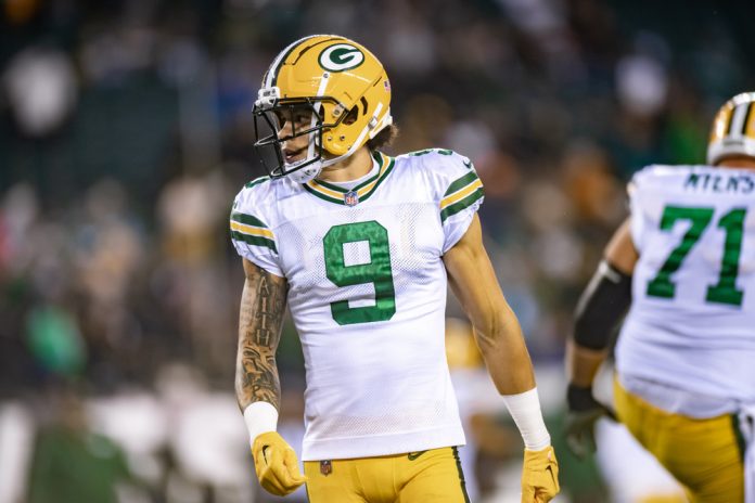 Green Bay Packers wide receiver Christian Watson (9) prior to the National Football League game between the Green Bay Packers and Philadelphia Eagles on November 27, 2022 at Lincoln Financial Field in Philadelphia, PA