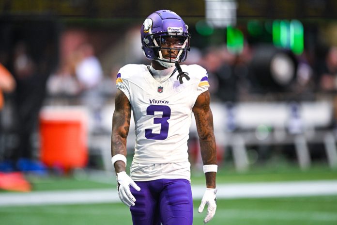 Minnesota wide receiver Jordan Addison (3) warms up prior to the start of the NFL game between the Minnesota Vikings and the Atlanta Falcons on November 5th, 2023 at Mercedes-Benz Stadium in Atlanta, GA.