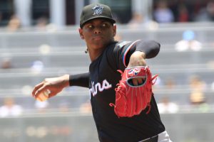 Miami Marlins starting pitcher Edward Cabrera #27 delivers a pitch during the MLB game between the Miami Marlins and the Atlanta Braves on August 4, 2024 at TRUIST Park in Atlanta, GA>