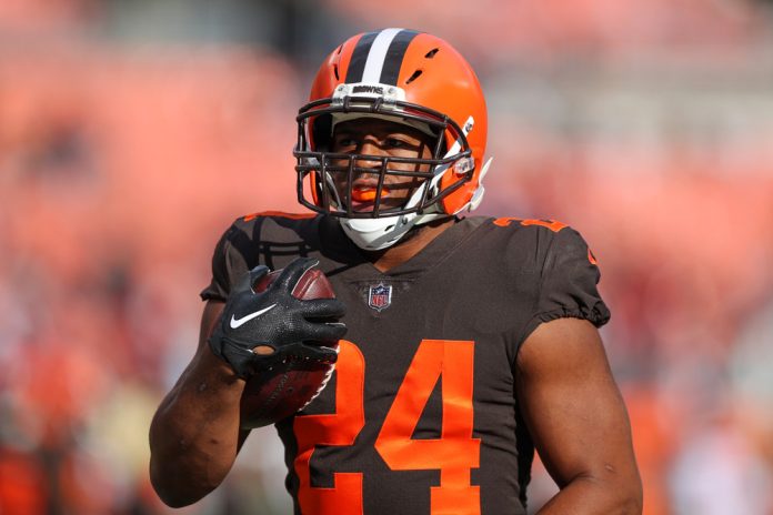 Cleveland Browns running back Nick Chubb (24) warms up prior to the National Football League game between the Tampa Bay Buccaneers and Cleveland Browns on November 27, 2022, at FirstEnergy Stadium in Cleveland, OH.