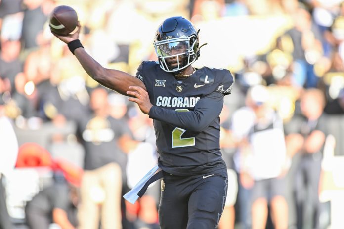 Colorado quarterback Shedeur Sanders (2) in action during the college football game between the North Dakota State Bison and the Colorado Buffaloes on August 29, 2024 at Folsom Field in Boulder, CO.