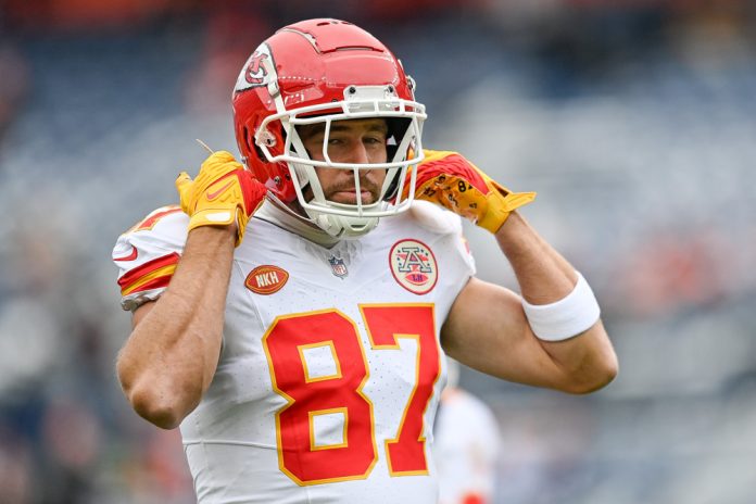 Kansas City Chiefs tight end Travis Kelce (87) warms up before a game between the Kansas City Chiefs and the Denver Broncos at Empower Field at Mile High on October 29, 2023 in Denver, Colorado.