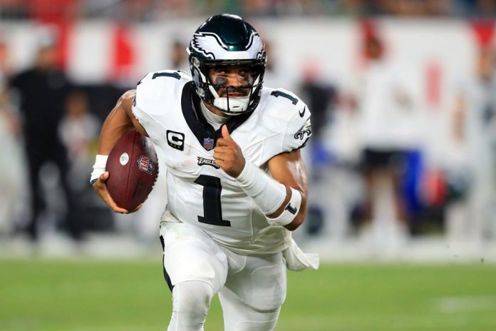 Philadelphia Eagles Quarterback Jalen Hurts (1) scrambles for a first down during the regular season game between the Philadelphia Eagles and the Tampa Bay Buccaneers on September 25, 2023 at Raymond James Stadium in Tampa, Florida.