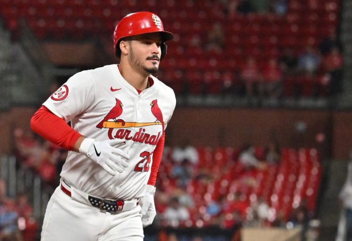 St. Louis Cardinals third baseman Nolan Arenado (28) runs the bases after hitting a solo home run in the fourth inning during a MLB game between the Cincinnati Reds and the St. Louis Cardinals, on September 11, 2024, at Busch Stadium, St. Louis, MO.