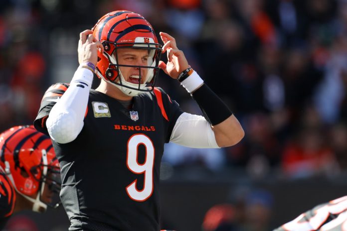 Cincinnati Bengals quarterback Joe Burrow (9) calls a play during the game against the Houston Texans and the Cincinnati Bengals on November 12, 2023, at Paycor Stadium in Cincinnati, OH.