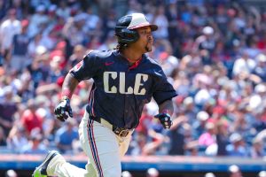 Cleveland Guardians designated hitter Jose Ramirez (11) runs to first base after hitting a ground rule double during the fourth inning of the Major League Baseball Interleague game between the San Francisco Giants and Cleveland Guardians on July 7, 2024, at Progressive Field in Cleveland, OH.