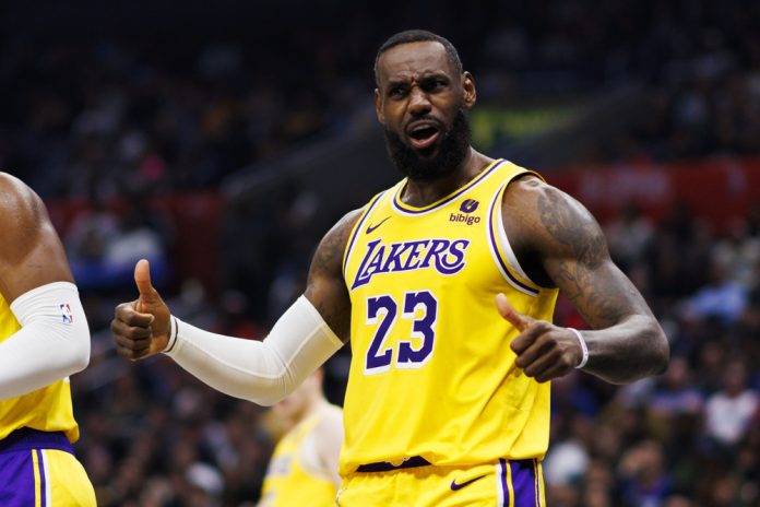 Los Angeles Lakers forward LeBron James (23) reacts during an NBA basketball game against the LA Clippers on February 28, 2024 at Crypto.com Arena in Los Angeles, CA.