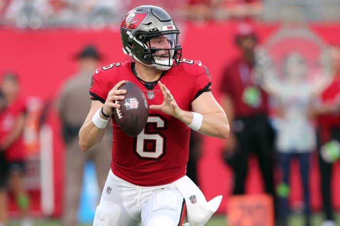 Tampa Bay Buccaneers Quarterback Baker Mayfield (6) throws a pass during the preseason game between the Baltimore Ravens and the Tampa Bay Buccaneers on August 26, 2023 at Raymond James Stadium in Tampa, Florida.