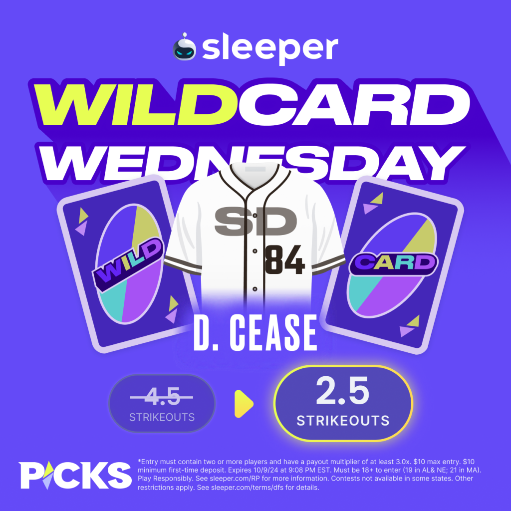 Sleeper Fantasy - Wildcard Wednesday for October 9 is Dylan Cease over 2.5 strikeouts. 