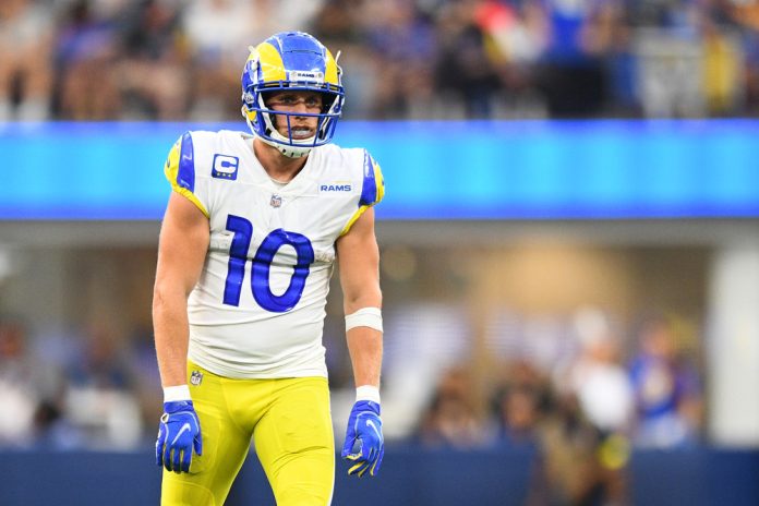 Los Angeles Rams wide receiver Cooper Kupp (10) looks on during the NFL game between the Buffalo Bills and the Los Angeles Rams on September 8, 2022, at SoFi Stadium in Inglewood, CA.