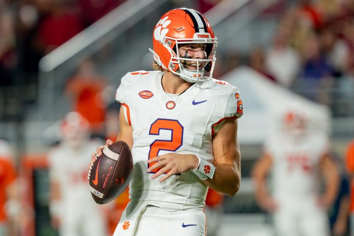 Clemson Tigers quarterback Cade Klubnik (2) smiles after a play is called dead during a college football game between the Clemson Tigers and the Florida State Seminoles on October 5th, 2024 at Doak Campbell Stadium in Tallahassee, FL.