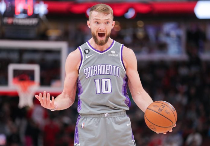 Sacramento Kings forward Domantas Sabonis (10) reacts during a NBA game between the Sacramento Kings and the Chicago Bulls on March 15, 2023 at the United Center in Chicago, IL.