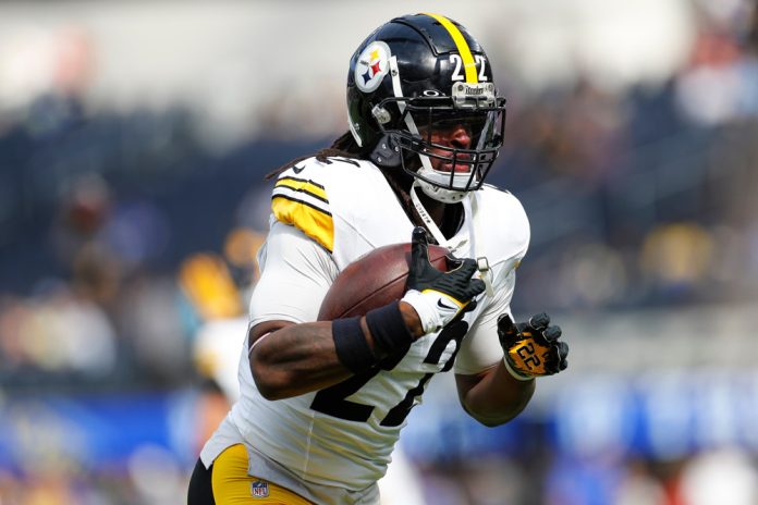 Pittsburgh Steelers running back Najee Harris (22) warms up prior to an NFL regular season game between the Pittsburgh Steelers and the Los Angeles Rams on October 22, 2023, at SoFi Stadium in Inglewood, CA.