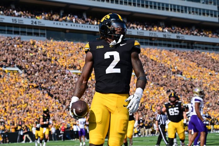 Iowa running back Kaleb Johnson (2) as seen after scoring on a six-yard run in the first quarter during a college football game between the Washington Huskies and the Iowa Hawkeyes, on October 12, 2024, at Kinnick Stadium, Iowa City, IA.