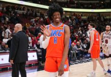 Oklahoma City Thunder Forward Jalen Williams (8) reacts after a NBA game between the Oklahoma City Thunder and the Chicago Bulls on January 13, 2023 at the United Center in Chicago, IL.