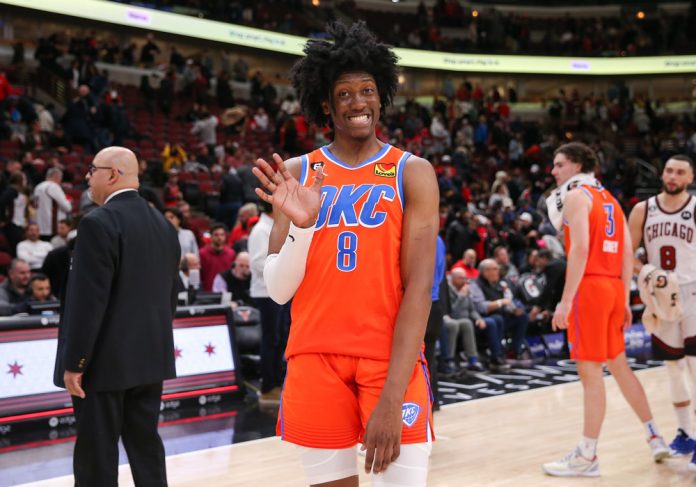 Oklahoma City Thunder Forward Jalen Williams (8) reacts after a NBA game between the Oklahoma City Thunder and the Chicago Bulls on January 13, 2023 at the United Center in Chicago, IL.